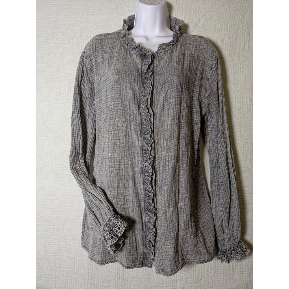 Grey Gauze Waffle Button up Eyelet Lace Ruffle Long Sleeve Women's Shirt Small - Picture 1 of 11
